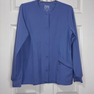 Barco One scrub jacket Women's small Blue Snap close Pockets Spellout Logo